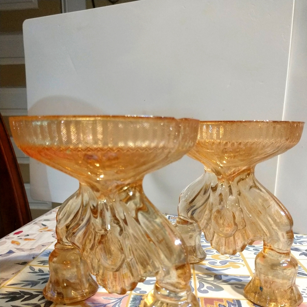 Vtg Depression Carnival Glass Iris Flowers Orange Marigold Candle Holders - Picture 11 of 11